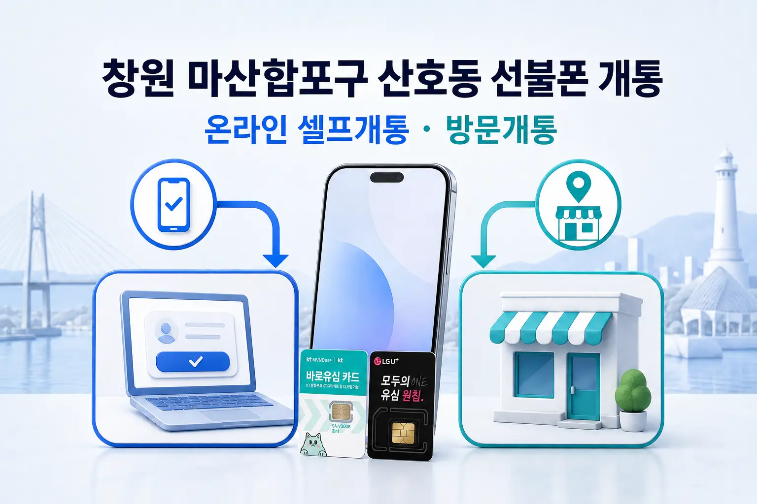 창원 마산합포구 산호동 선불폰 온라인 셀프개통과 방문개통 방법을 보여주는 안내 이미지