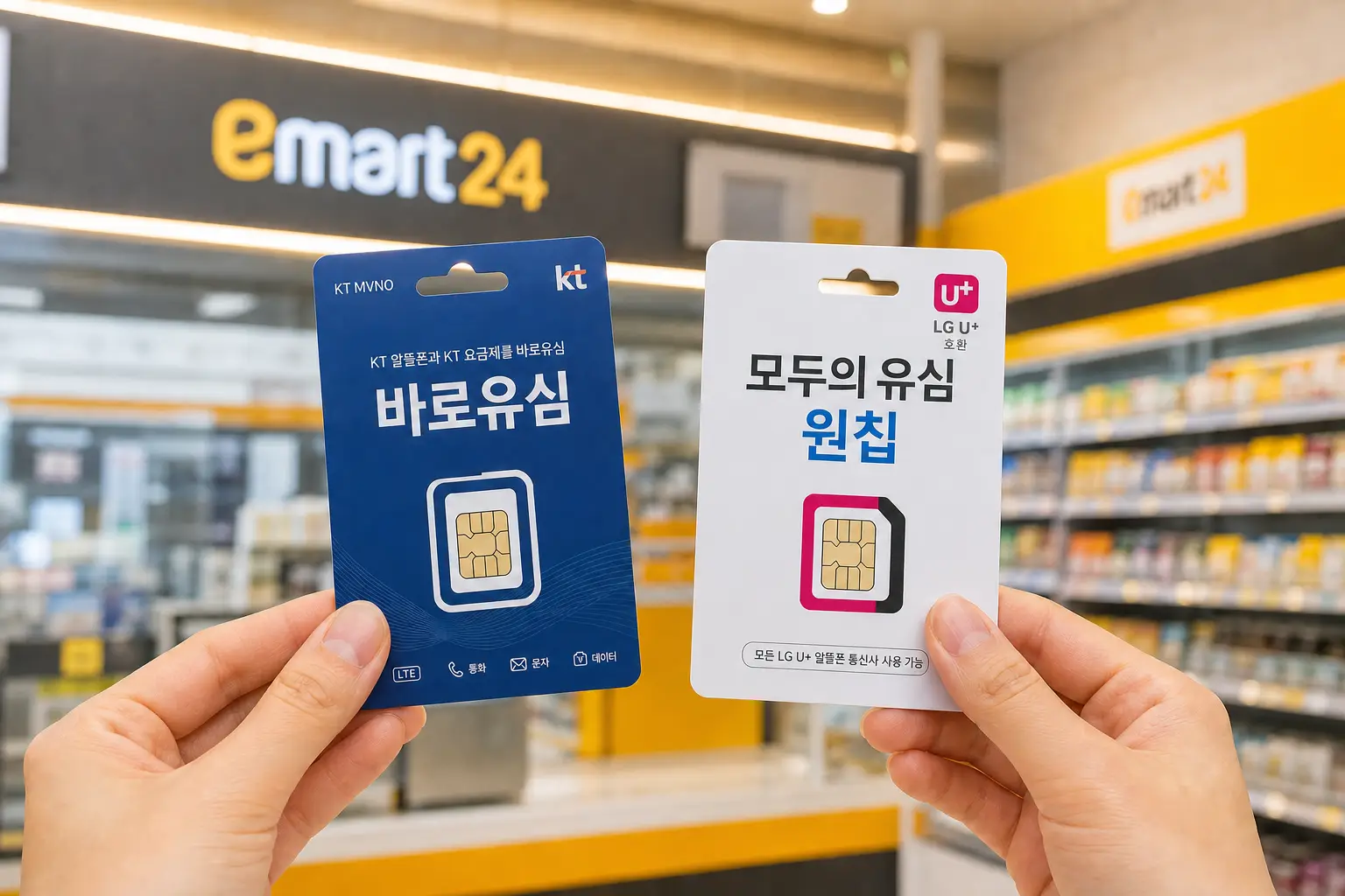이마트24 편의점에서 KT 바로유심과 LG U+ 모두의 유심 원칩을 비교해 들고 있는 연출 이미지